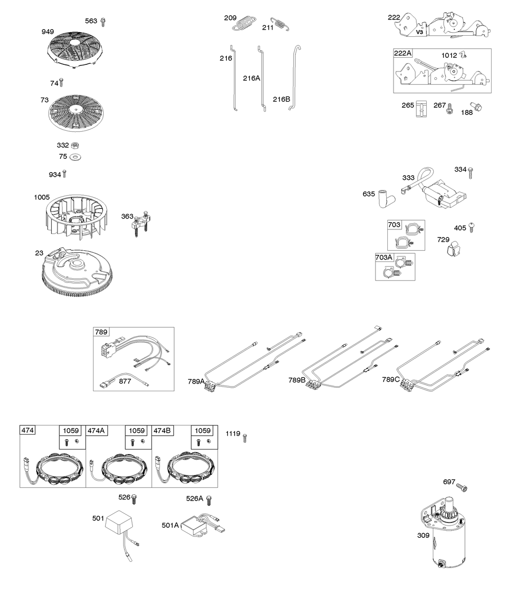 Alternator, Wire Harness, Starter, Ignition, Flywheel Diagram and Parts List for 44R677-0003-G1 400000 - 699999 Briggs and Stratton Engine
